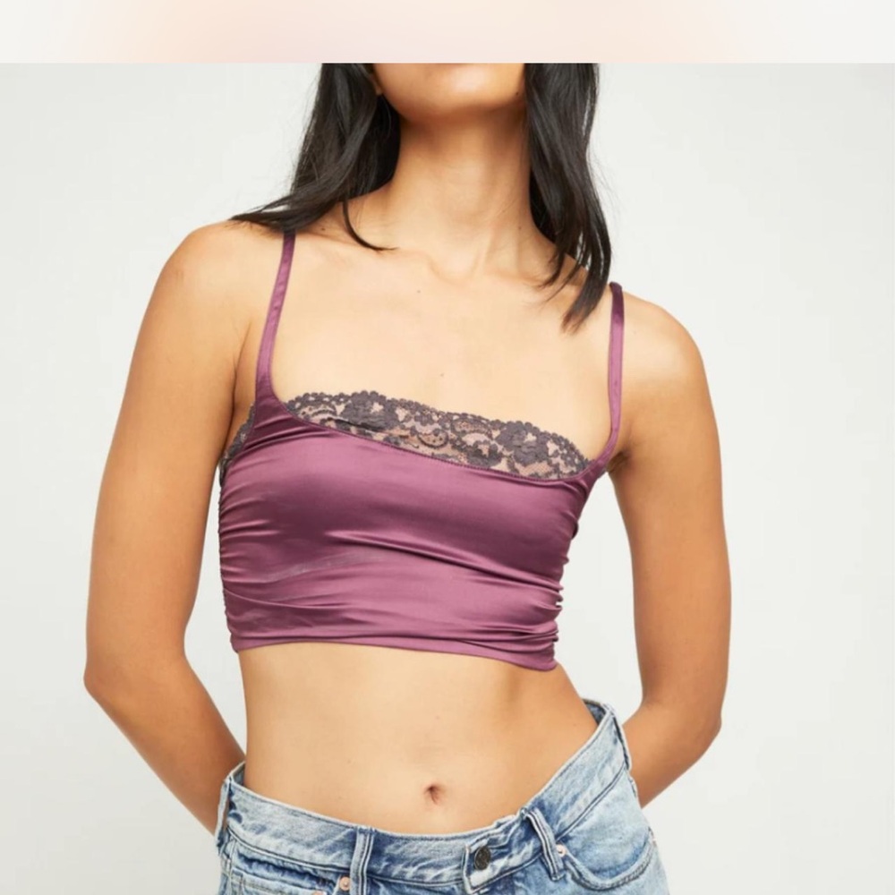 Free People Burgundy Satin Lace Top